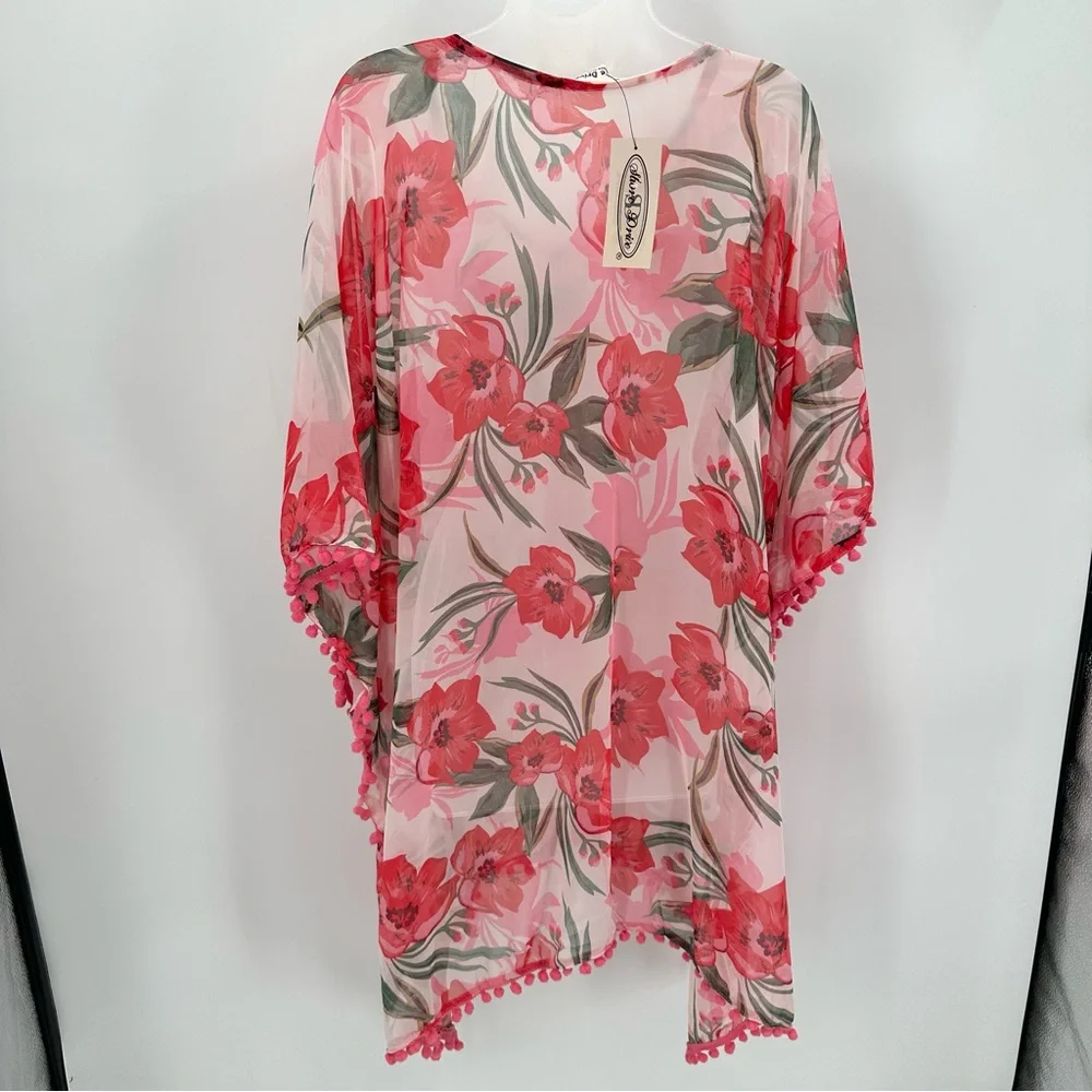 Shore Drive Caftan Swim Cover Pompom Pullover Pink Floral Semisheer Vneck New